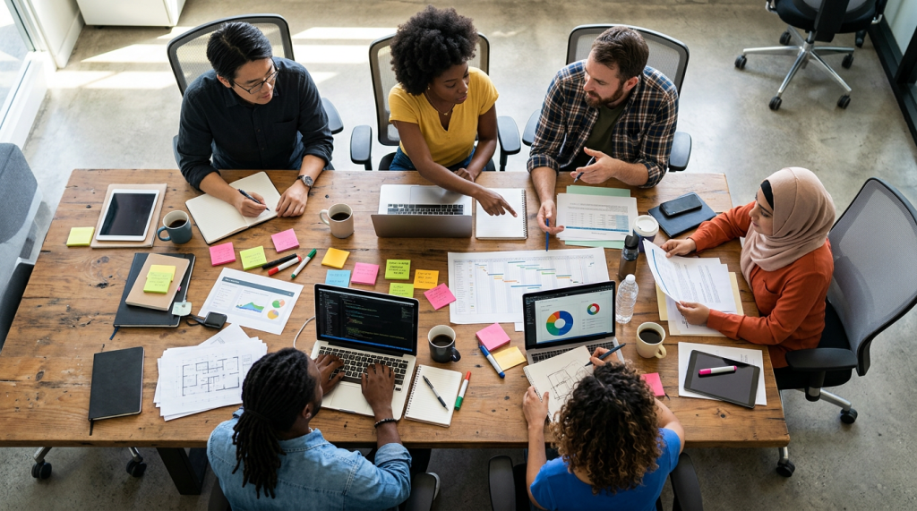 Six people working together with laptops, documents, and charts at a meeting table
